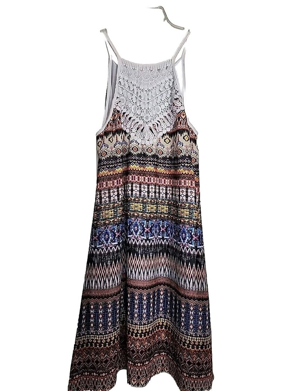 Lucky Brand Halter Dress With Crochet Large Geometric , Bright Colors, Lined